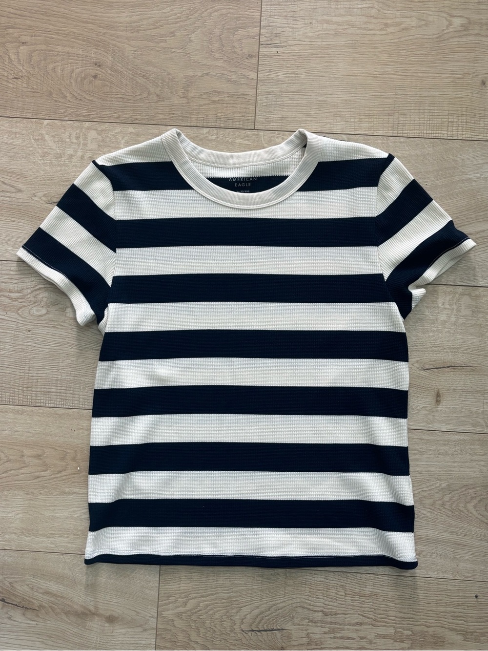American Eagle Hey Baby Waffle Knit Tee Navy & White Stripes Nautical Preppy